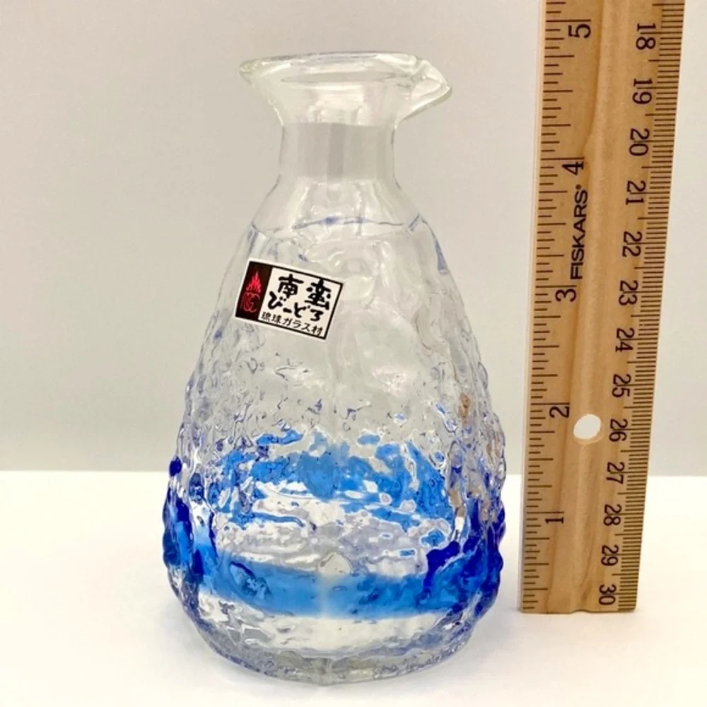 Ryukyu Glassware Handmade Sake Set with 2 Cups and Matching Server